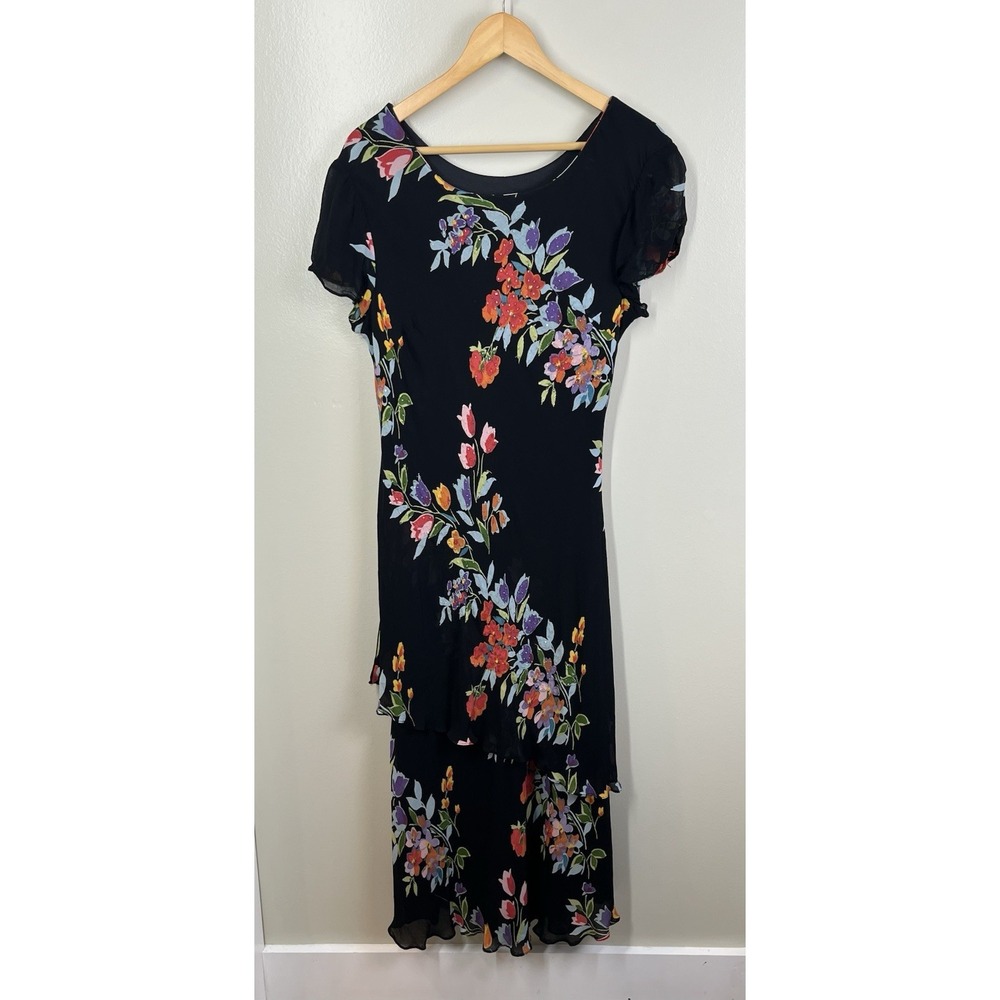 Y2K Black Elegant Formal Black Floral Tiered Beaded Maxi Dress Fairy SzM?